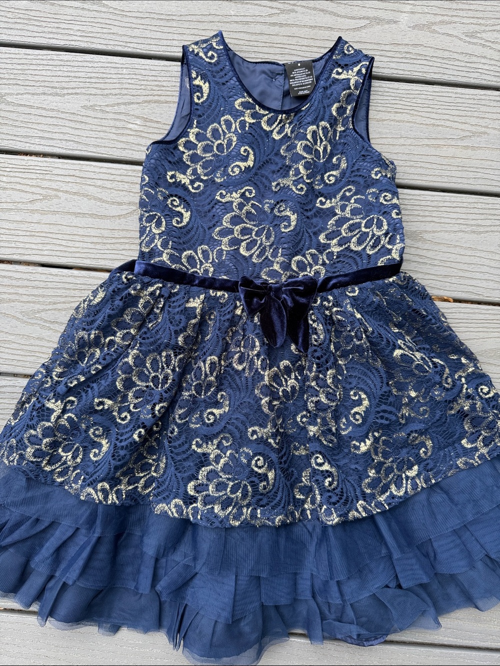 George Navy and Gold Lace Party Dress with Velvet Bow
